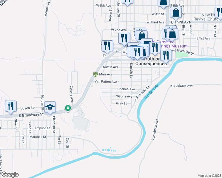 map of restaurants, bars, coffee shops, grocery stores, and more near 801 Post Street in Truth or Consequences