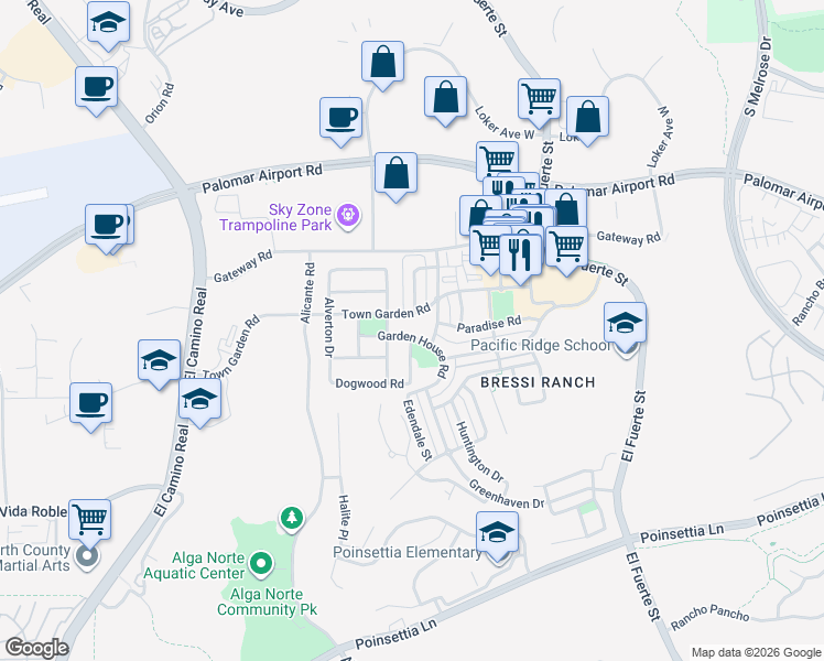 map of restaurants, bars, coffee shops, grocery stores, and more near 2610 Garden House Road in Carlsbad