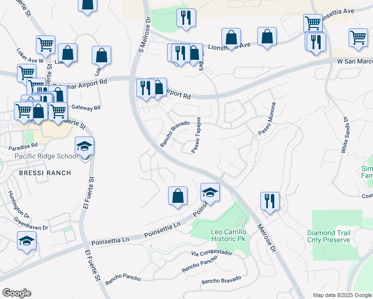 map of restaurants, bars, coffee shops, grocery stores, and more near 3076 Paseo Estribo in Carlsbad