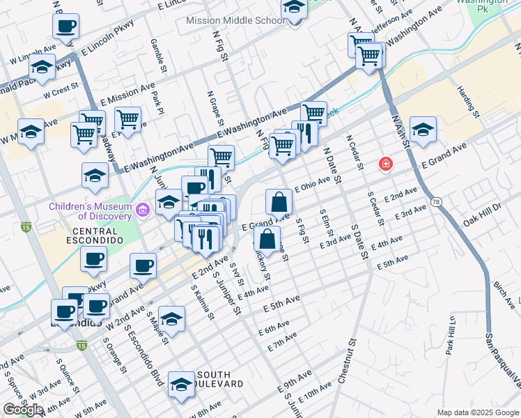 map of restaurants, bars, coffee shops, grocery stores, and more near 498 East Grand Avenue in Escondido