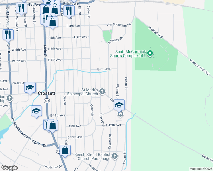 map of restaurants, bars, coffee shops, grocery stores, and more near 809 Maple Street in Crossett