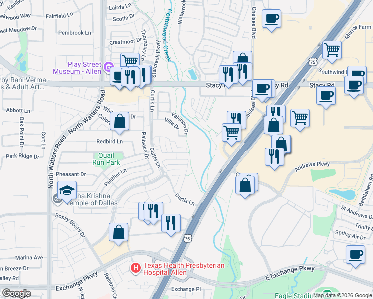 map of restaurants, bars, coffee shops, grocery stores, and more near 853 Llano Drive in Allen