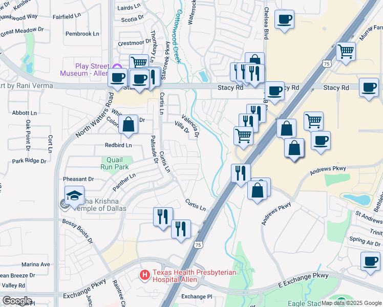 map of restaurants, bars, coffee shops, grocery stores, and more near 853 Llano Drive in Allen