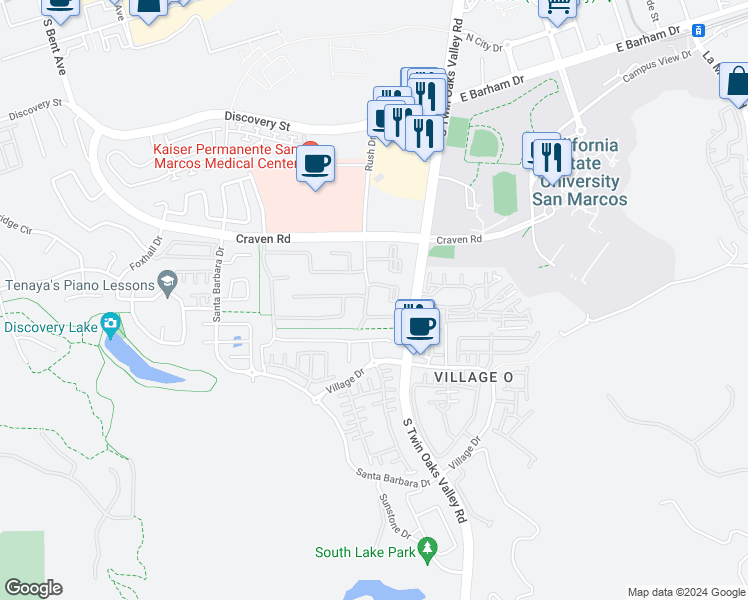 map of restaurants, bars, coffee shops, grocery stores, and more near 563 Rush Drive in San Marcos