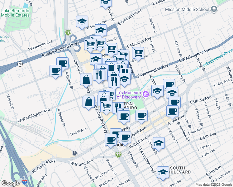 map of restaurants, bars, coffee shops, grocery stores, and more near 497 North Escondido Boulevard in Escondido