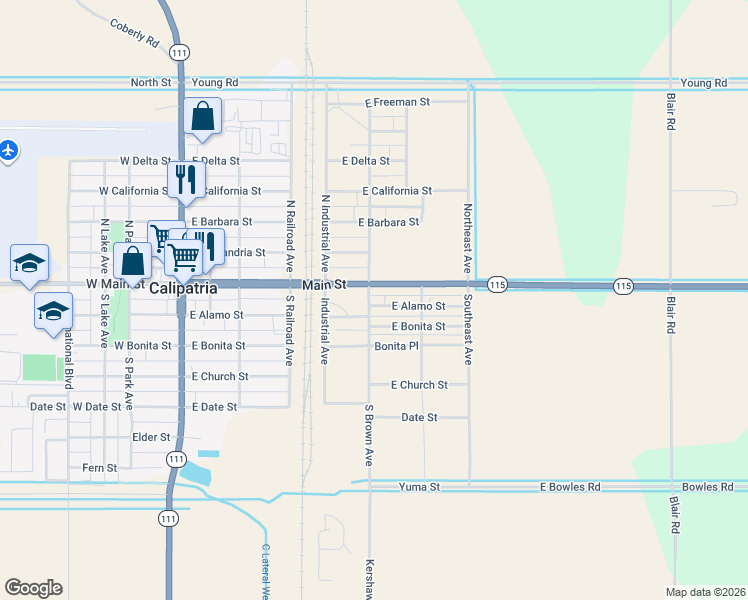 map of restaurants, bars, coffee shops, grocery stores, and more near 502 East Alamo Street in Calipatria