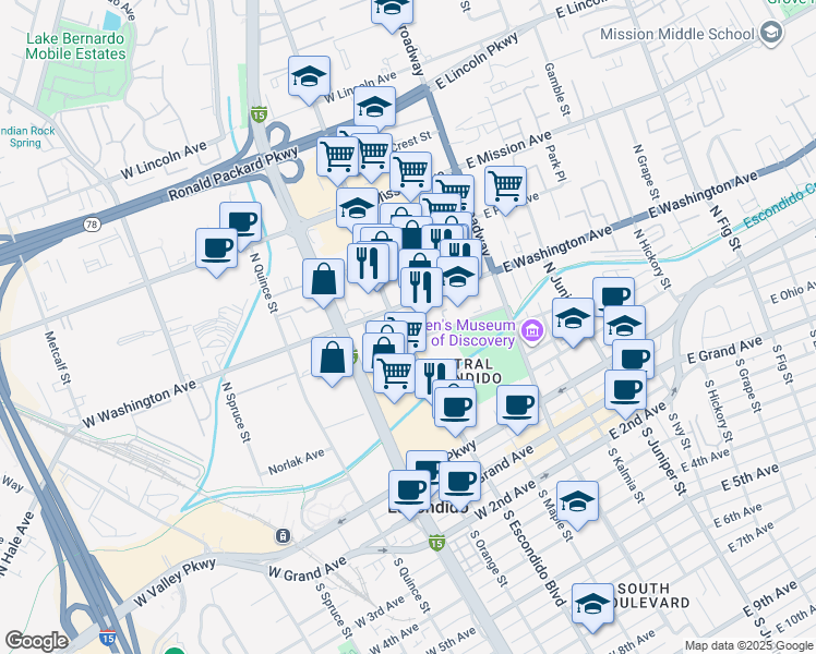 map of restaurants, bars, coffee shops, grocery stores, and more near 497 North Escondido Boulevard in Escondido