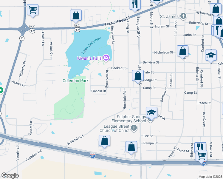 map of restaurants, bars, coffee shops, grocery stores, and more near 508 Reservoir Street in Sulphur Springs