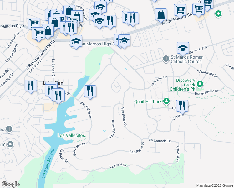 map of restaurants, bars, coffee shops, grocery stores, and more near 1876 Fairway Circle Drive in San Marcos