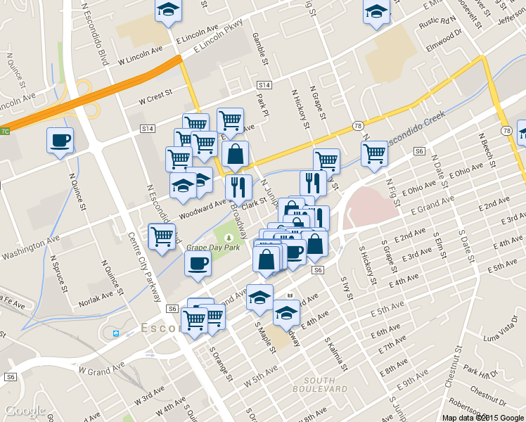 map of restaurants, bars, coffee shops, grocery stores, and more near 207 East Pennsylvania Avenue in Escondido