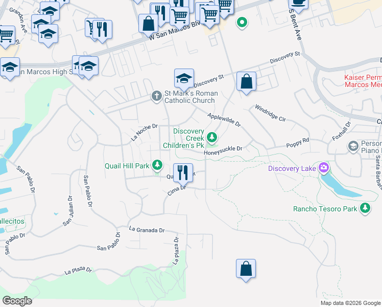map of restaurants, bars, coffee shops, grocery stores, and more near 1017 Honeysuckle Drive in San Marcos