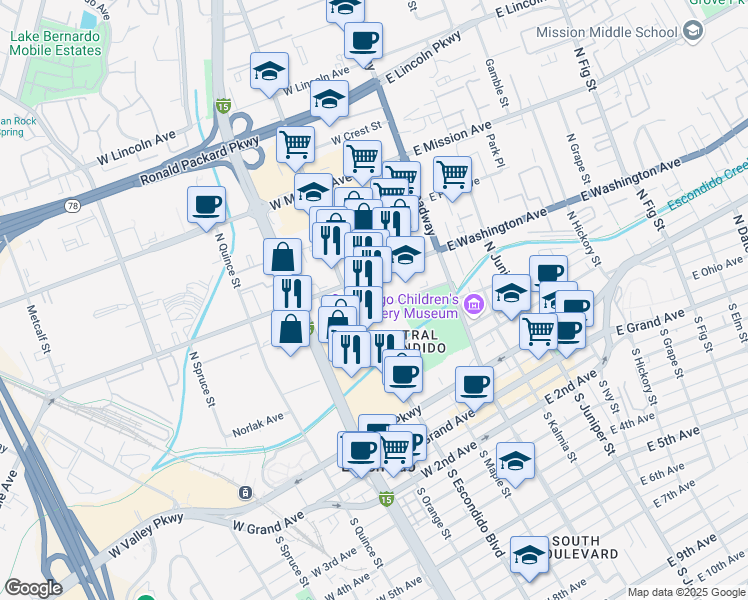 map of restaurants, bars, coffee shops, grocery stores, and more near 250 Woodward Avenue in Escondido