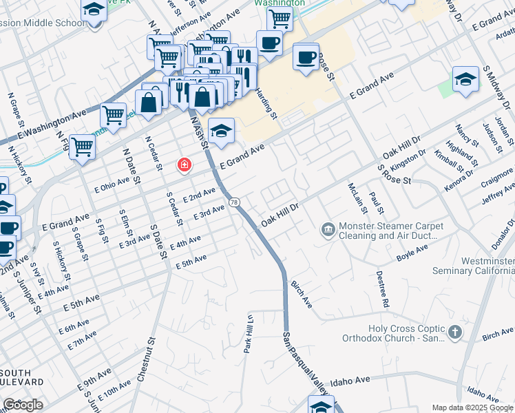 map of restaurants, bars, coffee shops, grocery stores, and more near 1302 Oak Hill Drive in Escondido