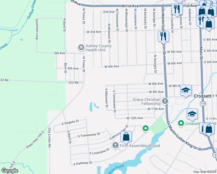 map of restaurants, bars, coffee shops, grocery stores, and more near 806 South Missouri Street in Crossett