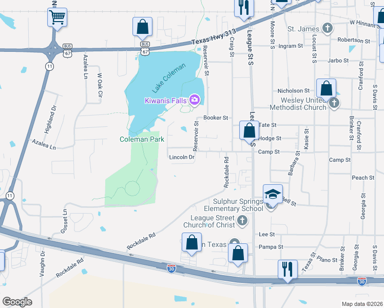 map of restaurants, bars, coffee shops, grocery stores, and more near 508 Reservoir Street in Sulphur Springs
