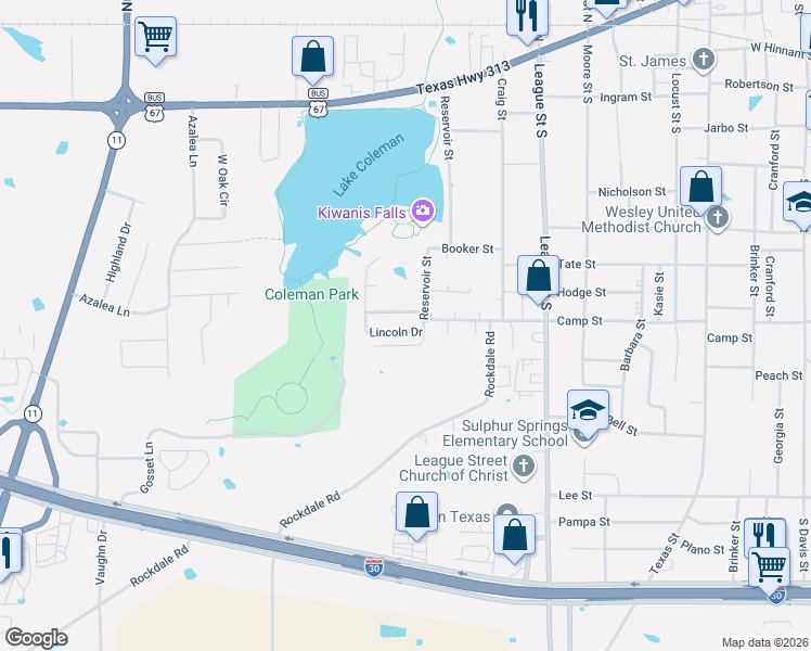 map of restaurants, bars, coffee shops, grocery stores, and more near 1029 Lincoln Drive in Sulphur Springs