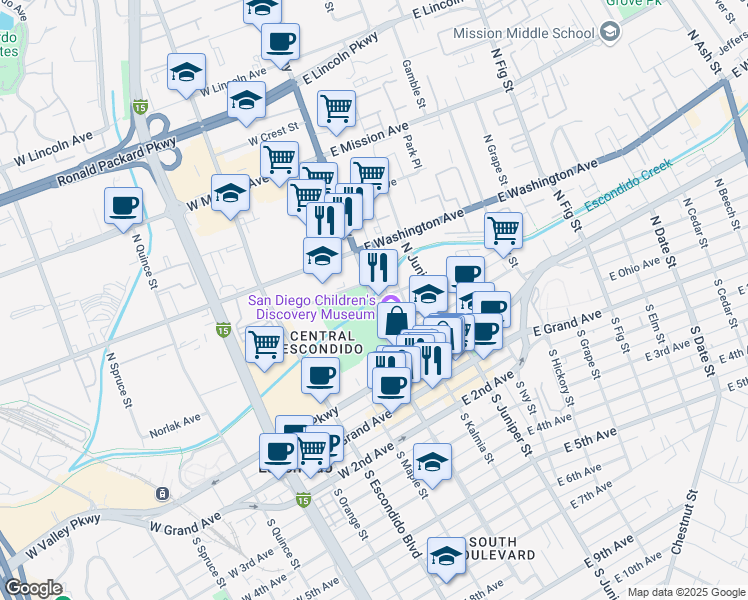 map of restaurants, bars, coffee shops, grocery stores, and more near North Broadway & Clark Street in Escondido