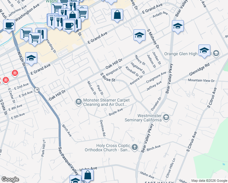 map of restaurants, bars, coffee shops, grocery stores, and more near 769 Eastbury Drive in Escondido