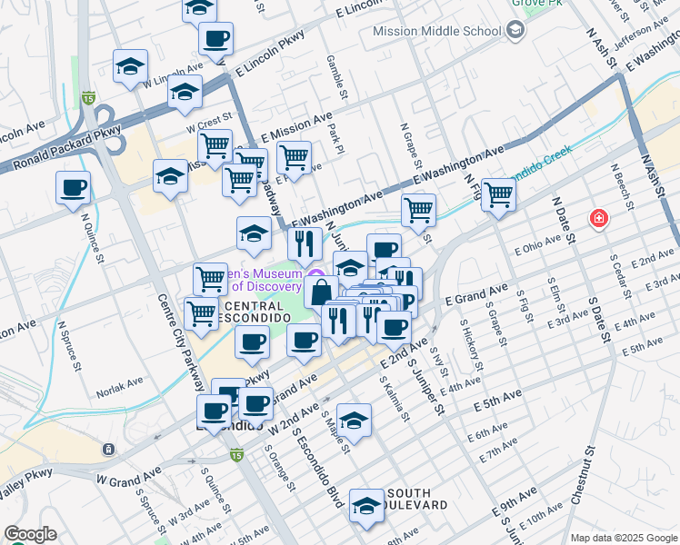 map of restaurants, bars, coffee shops, grocery stores, and more near 340 Waverly Place in Escondido
