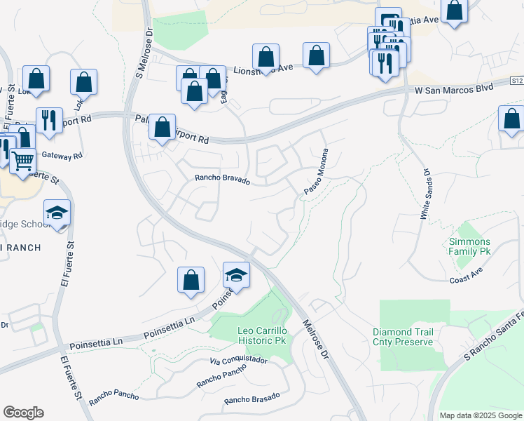 map of restaurants, bars, coffee shops, grocery stores, and more near 3205 Rancho Milagro in Carlsbad