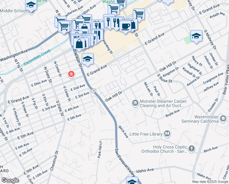 map of restaurants, bars, coffee shops, grocery stores, and more near 1380 Oak Hill Drive in Escondido