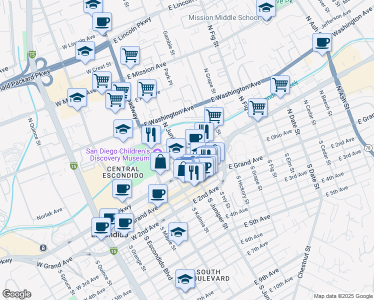 map of restaurants, bars, coffee shops, grocery stores, and more near 330 North Juniper Street in Escondido