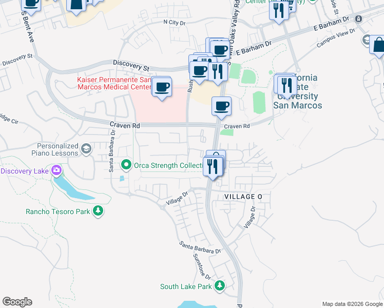 map of restaurants, bars, coffee shops, grocery stores, and more near 561 Rush Drive in San Marcos
