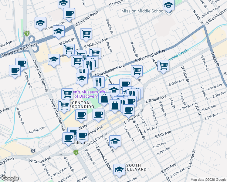 map of restaurants, bars, coffee shops, grocery stores, and more near 333 North Juniper Street in Escondido