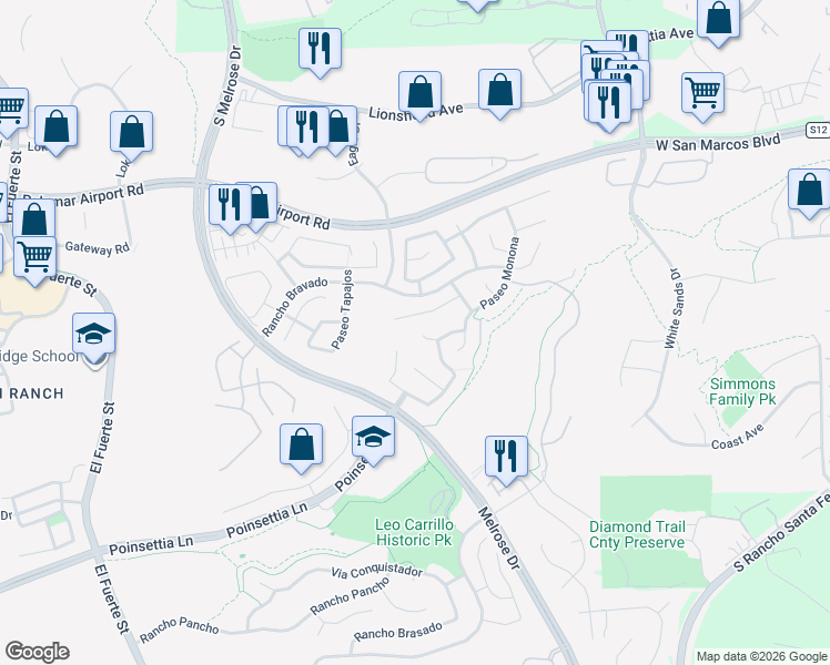 map of restaurants, bars, coffee shops, grocery stores, and more near 3224 Rancho Companero in Carlsbad
