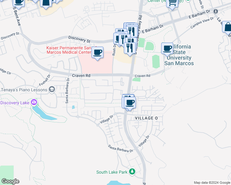 map of restaurants, bars, coffee shops, grocery stores, and more near 561 Rush Drive in San Marcos