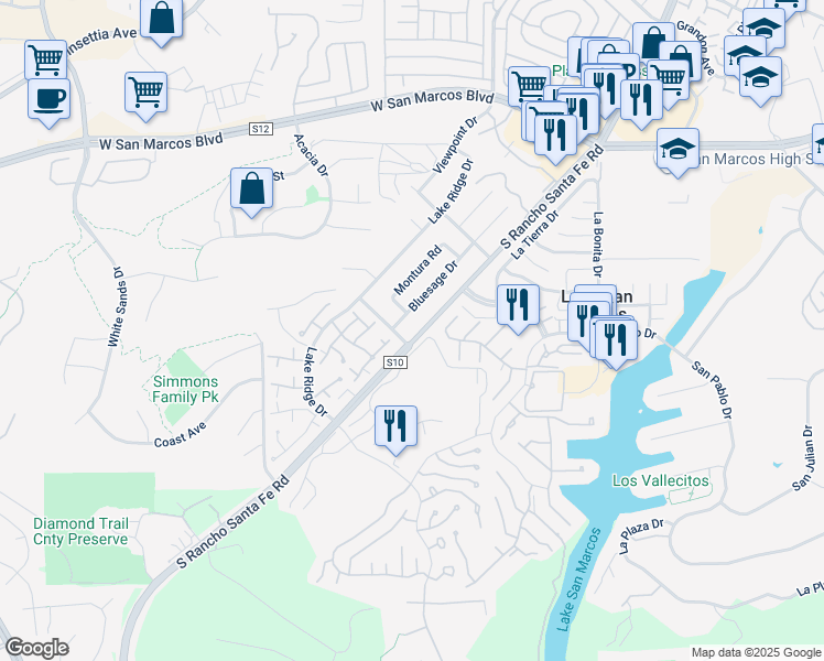 map of restaurants, bars, coffee shops, grocery stores, and more near 1144 South Rancho Santa Fe Road in San Marcos