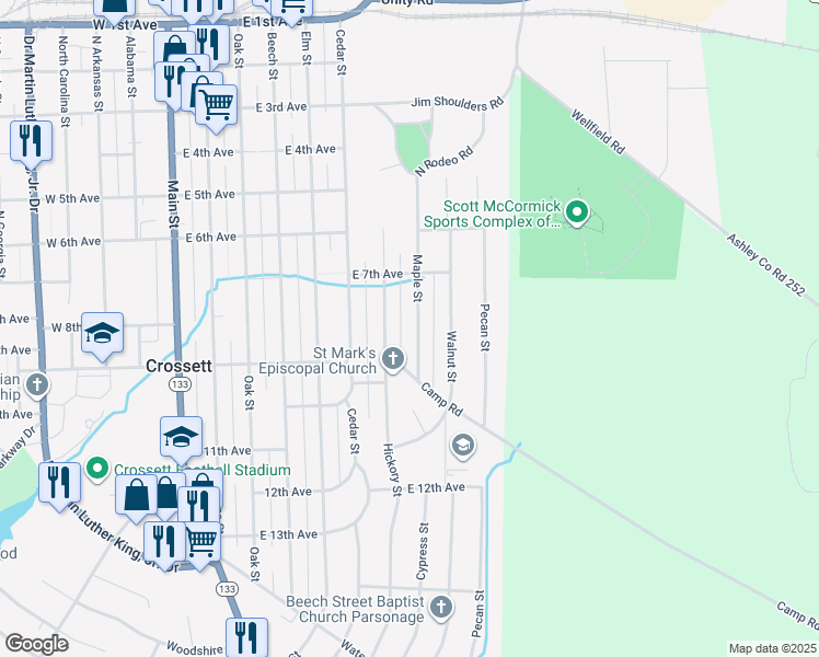 map of restaurants, bars, coffee shops, grocery stores, and more near 709 Maple Street in Crossett