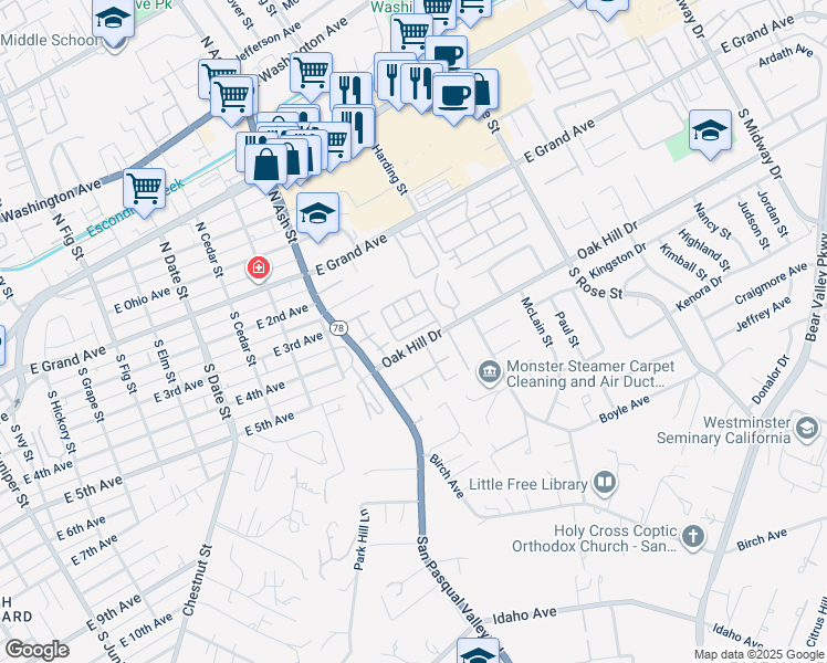 map of restaurants, bars, coffee shops, grocery stores, and more near 1380 Oak Hill Drive in Escondido