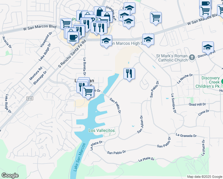 map of restaurants, bars, coffee shops, grocery stores, and more near 1835 San Pablo Drive in San Marcos