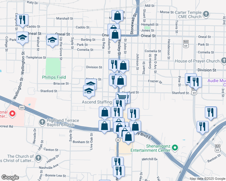 map of restaurants, bars, coffee shops, grocery stores, and more near 2820 Stanford Street in Greenville