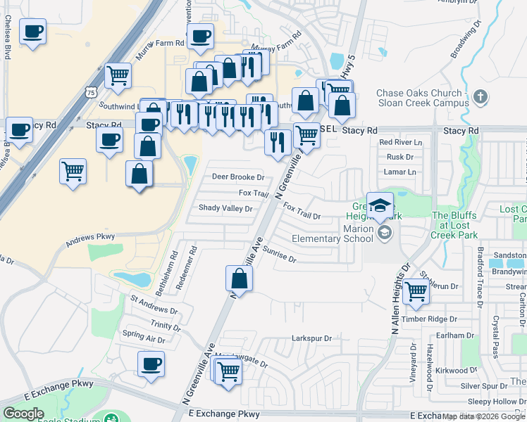 map of restaurants, bars, coffee shops, grocery stores, and more near 440 Fox Trail in Allen