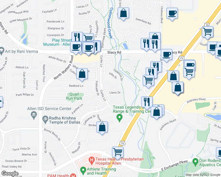 map of restaurants, bars, coffee shops, grocery stores, and more near 1707 Coronado Street in Allen