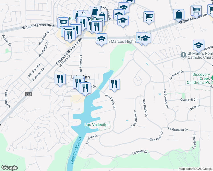 map of restaurants, bars, coffee shops, grocery stores, and more near 1835 San Pablo Drive in San Marcos