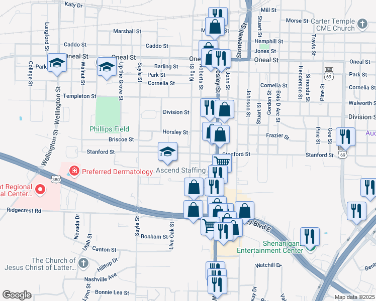 map of restaurants, bars, coffee shops, grocery stores, and more near 4308 Roberts Street in Greenville