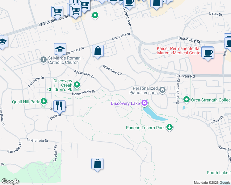 map of restaurants, bars, coffee shops, grocery stores, and more near 789 Poppy Road in San Marcos