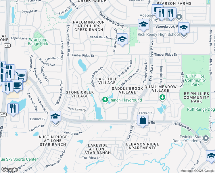 map of restaurants, bars, coffee shops, grocery stores, and more near 1657 Kings View Drive in Frisco