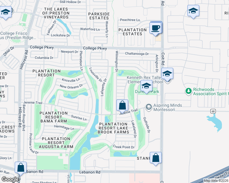 map of restaurants, bars, coffee shops, grocery stores, and more near 11915 Auburn Lane in Frisco