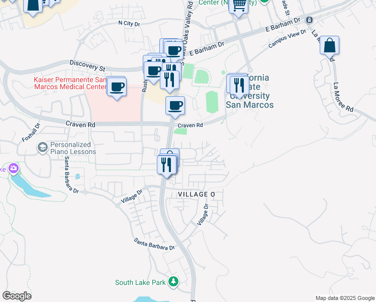map of restaurants, bars, coffee shops, grocery stores, and more near 601 South Twin Oaks Valley Road in San Marcos