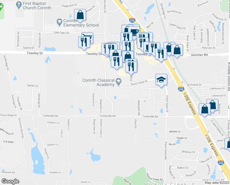 map of restaurants, bars, coffee shops, grocery stores, and more near 500 Point Vista Street in Hickory Creek