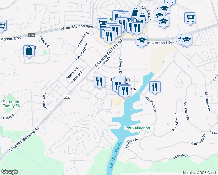 map of restaurants, bars, coffee shops, grocery stores, and more near 1011 Susana Court in San Marcos