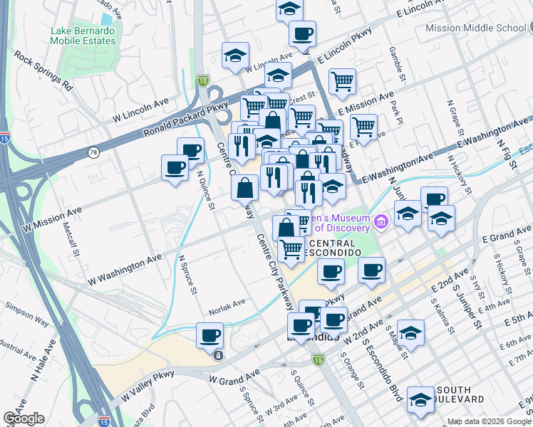 map of restaurants, bars, coffee shops, grocery stores, and more near 300 West Washington Avenue in Escondido