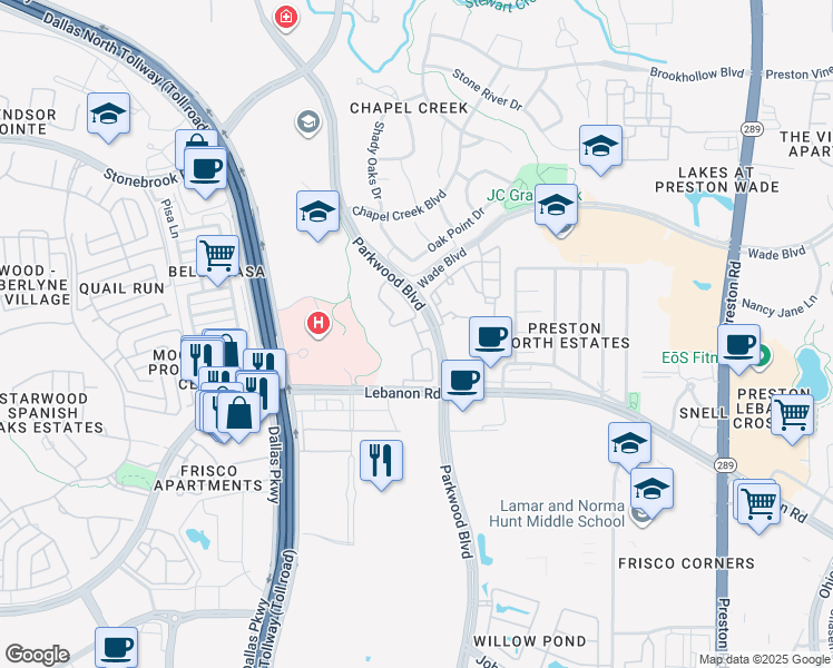 map of restaurants, bars, coffee shops, grocery stores, and more near 5775 Parkwood Boulevard in Frisco