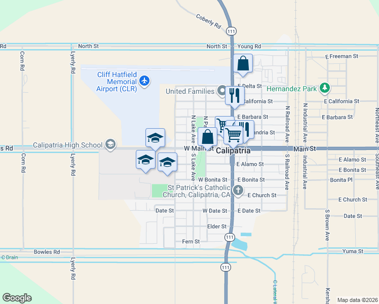 map of restaurants, bars, coffee shops, grocery stores, and more near 337 County Highway S30 in Brawley
