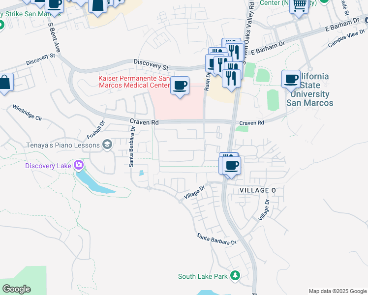 map of restaurants, bars, coffee shops, grocery stores, and more near 374 Camino Carta in San Marcos