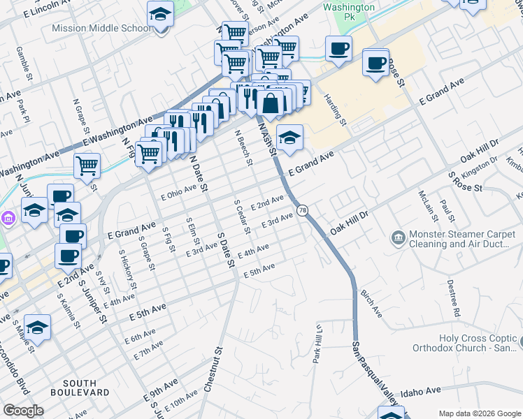 map of restaurants, bars, coffee shops, grocery stores, and more near 211 South Beech Street in Escondido